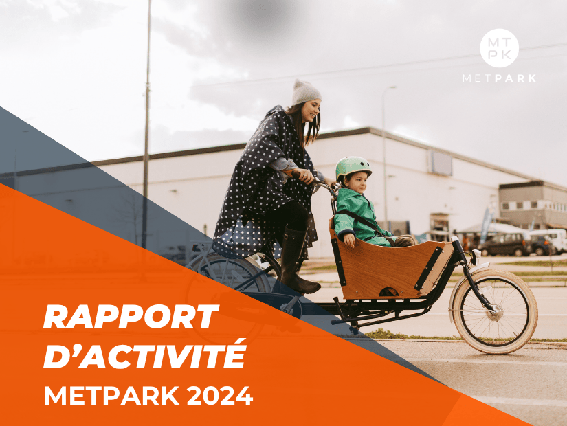 Couverture du rapport d'activité METPARK 2024_jeune femme sur vélo cargo avec un enfant dedans